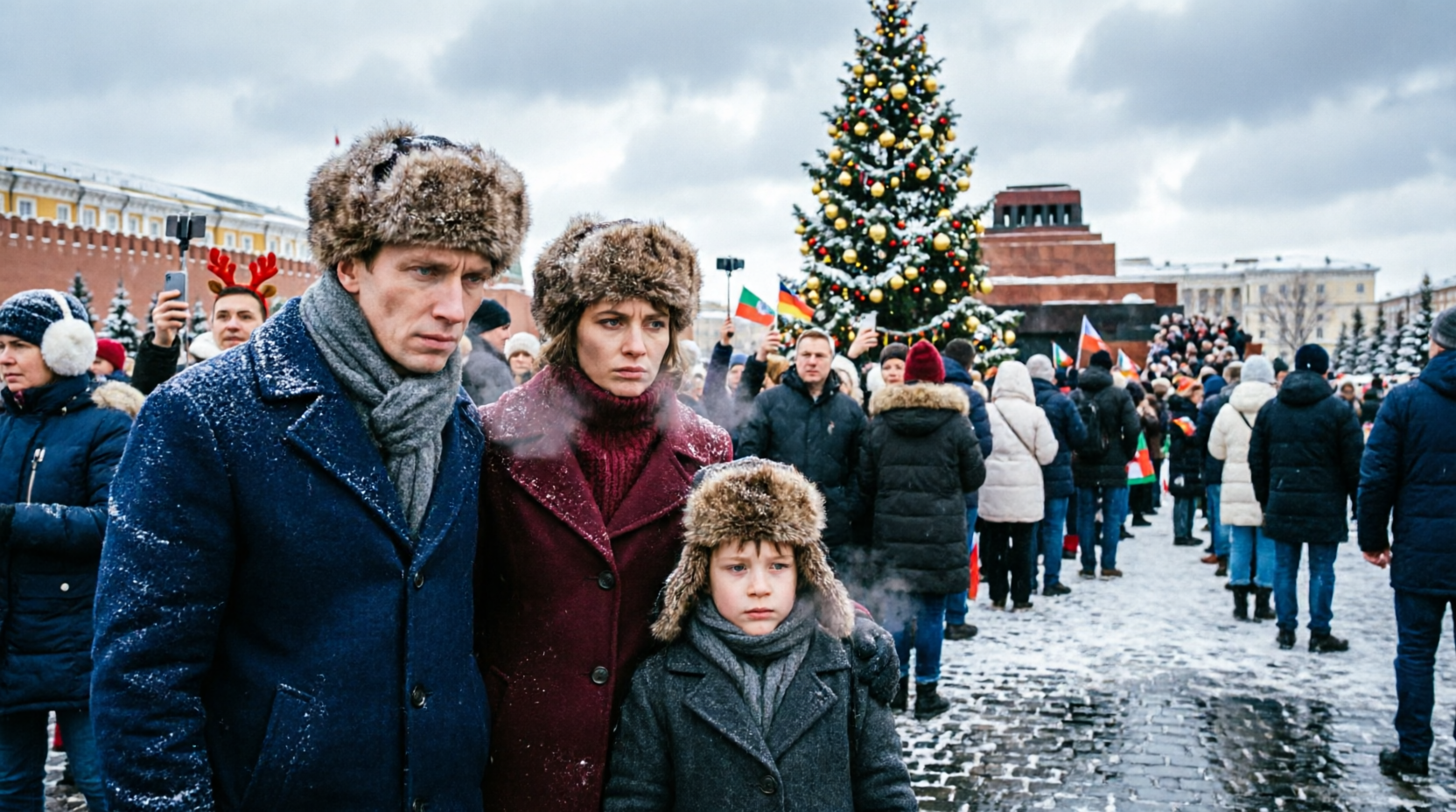 • Изображение 1 Промпт: Russian family with Slavic features standing in overcrowded Red Square during New Year celebration, looking disappointed and tired, massive crowd of tourists, long queue to main Christmas tree, gray winter sky, realistic photo style, 16:9 aspect ratio, no text Описание: Русская семья с усталыми лицами в переполненной толпе туристов на Красной площади в новогоднюю ночь Alt-текст: Антитренды новый год москва: переполненная Красная площадь и очереди куда не надо идти 2027 • Изображение 2 Промпт: Russian woman with typical Slavic features holding cheap plastic matryoshka doll and looking disappointed, standing in tourist trap shop with overpriced souvenirs, bright artificial lighting, expression of regret, photorealistic, 16:9 horizontal, no logos Описание: Русская женщина разочарованно смотрит на дешевую пластиковую матрешку в туристической лавке с завышенными ценами Alt-текст: Ошибки туристов москва новый год: дешевые сувениры и куда не стоит тратить деньги 2027 • Изображение 3 Промпт: Russian couple in their 30s with authentic features walking in cozy alternative New Year market at Flacon or Depo, smiling, holding craft gifts and mulled wine, warm string lights, intimate atmosphere, evening golden hour, authentic Moscow winter scene, 16:9, no text overlay Описание: Русская пара на альтернативной новогодней ярмарке на Флаконе или в Депо с крафтовыми подарками и глинтвейном Alt-текст: Антитренды новый год москва: альтернативы переполненным местам яркие ярмарки 2027 