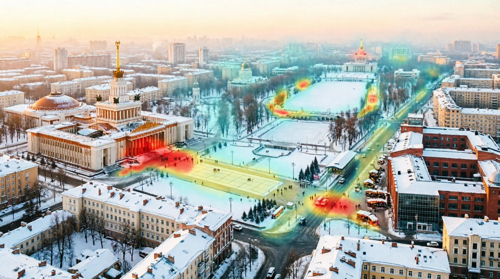 • Изображение 1 Промпт: Peaceful winter evening in Moscow park, snowy path lined with golden street lamps, Russian couple in warm coats walking quietly, bare trees with frost, soft bokeh lights in background, cinematic atmosphere, photorealistic, 16:9 aspect ratio, only Slavic faces, no text Описание: Тихий зимний вечер в московском парке: заснеженная аллея, фонари, русская пара гуляет в спокойной атмосфере Alt-текст: Где мало людей на Новый год Москва: тихие парковые маршруты для спокойных прогулок 2026 • Изображение 2 Промпт: Crowded Red Square Moscow during New Year celebration, festive illumination, large crowd of Russian people in winter clothes celebrating, fireworks in night sky, Kremlin towers illuminated, dynamic festive atmosphere, professional photography, 16:9 horizontal, only Slavic faces, no logos Описание: Новогодняя ночь на Красной площади: праздничная иллюминация, толпа русских людей, фейерверк над Кремлём Alt-текст: Тихие места Москва Новый год: сравнение загруженности локаций и советы как избежать толпы • Изображение 3 Промпт: Stylized heatmap visualization of Moscow winter cityscape, color-coded zones showing crowd density (green=quiet, red=crowded), iconic landmarks like VDNH, Gorky Park, ZIL Art Cluster visible, snow-covered rooftops, evening golden light, infographic style blended with photography, 16:9, only Russian urban aesthetic, no text overlay Описание: Визуализация тепловой карты Москвы: цветовые зоны загруженности в новогоднюю ночь с узнаваемыми локациями Alt-текст: Новый год без толпы Москва: маршруты прогулок и анализ трафика по районам столицы 2026