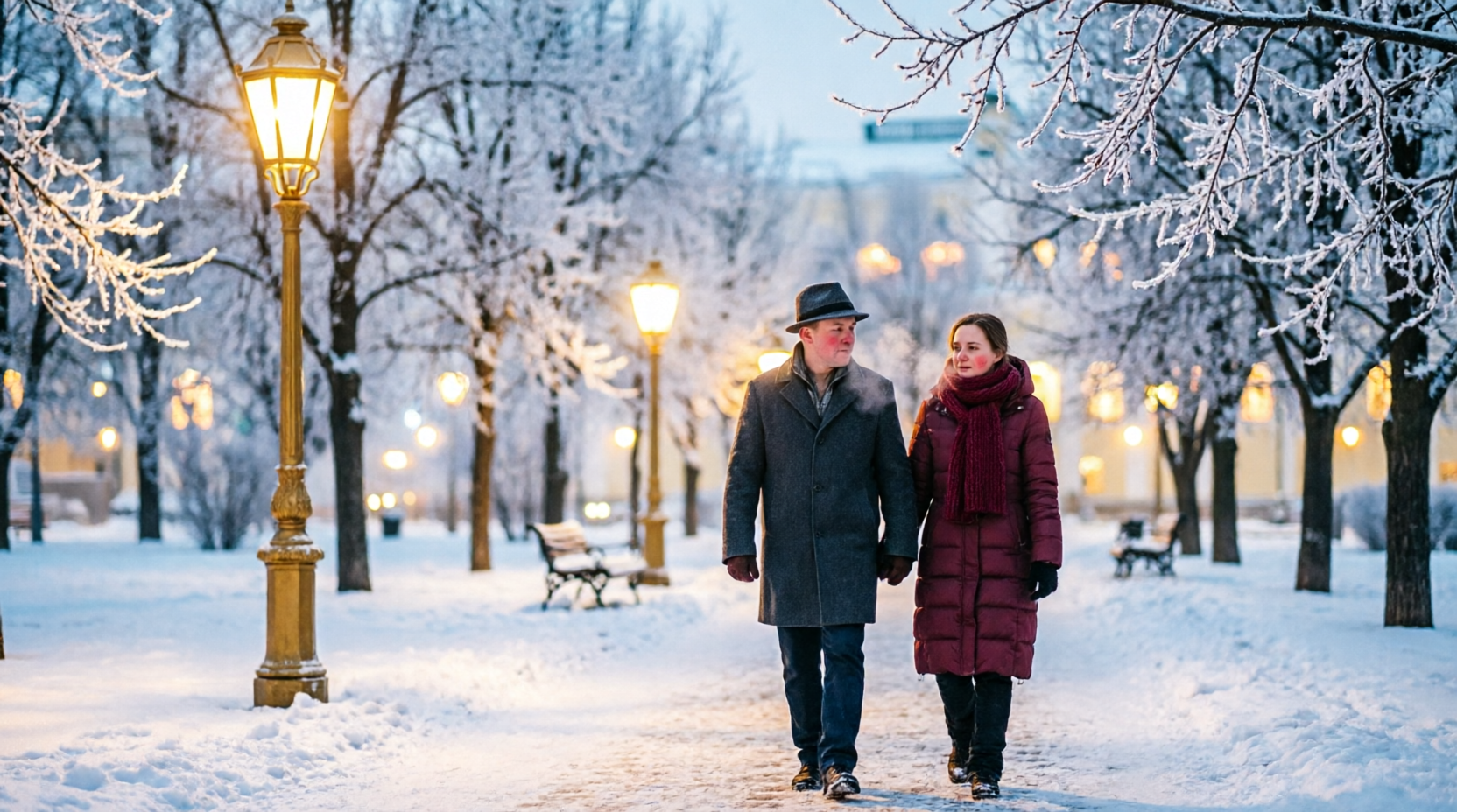 • Изображение 1 Промпт: Peaceful winter evening in Moscow park, snowy path lined with golden street lamps, Russian couple in warm coats walking quietly, bare trees with frost, soft bokeh lights in background, cinematic atmosphere, photorealistic, 16:9 aspect ratio, only Slavic faces, no text Описание: Тихий зимний вечер в московском парке: заснеженная аллея, фонари, русская пара гуляет в спокойной атмосфере Alt-текст: Где мало людей на Новый год Москва: тихие парковые маршруты для спокойных прогулок 2026 • Изображение 2 Промпт: Crowded Red Square Moscow during New Year celebration, festive illumination, large crowd of Russian people in winter clothes celebrating, fireworks in night sky, Kremlin towers illuminated, dynamic festive atmosphere, professional photography, 16:9 horizontal, only Slavic faces, no logos Описание: Новогодняя ночь на Красной площади: праздничная иллюминация, толпа русских людей, фейерверк над Кремлём Alt-текст: Тихие места Москва Новый год: сравнение загруженности локаций и советы как избежать толпы • Изображение 3 Промпт: Stylized heatmap visualization of Moscow winter cityscape, color-coded zones showing crowd density (green=quiet, red=crowded), iconic landmarks like VDNH, Gorky Park, ZIL Art Cluster visible, snow-covered rooftops, evening golden light, infographic style blended with photography, 16:9, only Russian urban aesthetic, no text overlay Описание: Визуализация тепловой карты Москвы: цветовые зоны загруженности в новогоднюю ночь с узнаваемыми локациями Alt-текст: Новый год без толпы Москва: маршруты прогулок и анализ трафика по районам столицы 2026